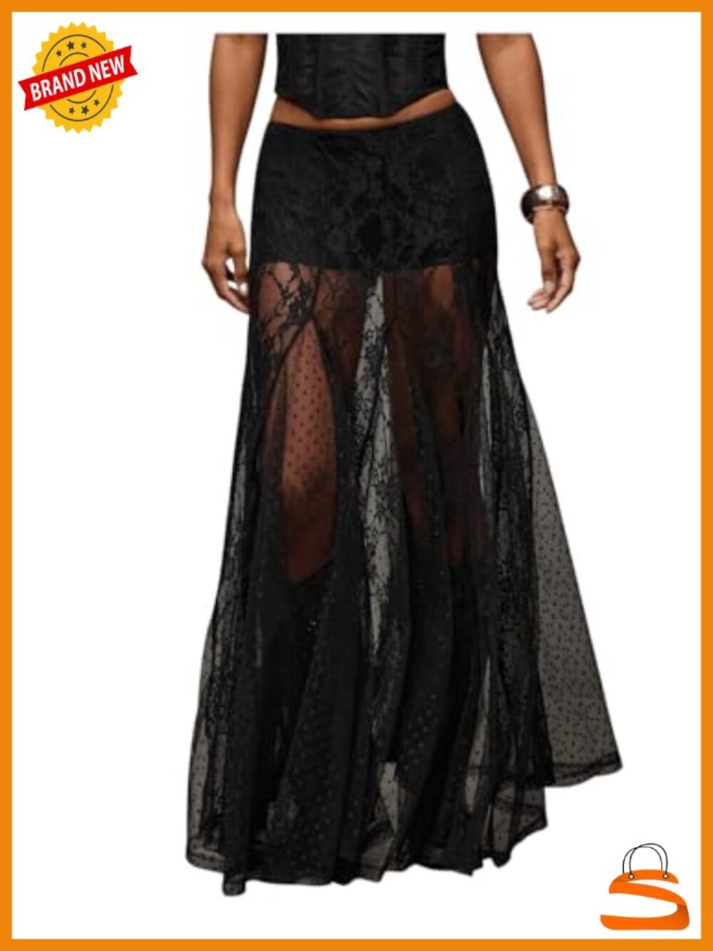 Sexy Sheer Lace Maxi Skirt See Through Low Waist Elastic